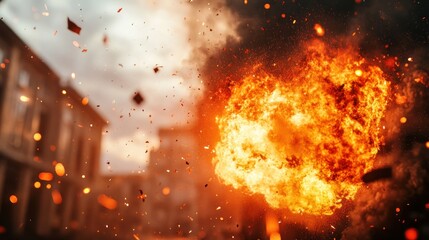 A dramatic explosion with fiery flames and debris in an urban setting.