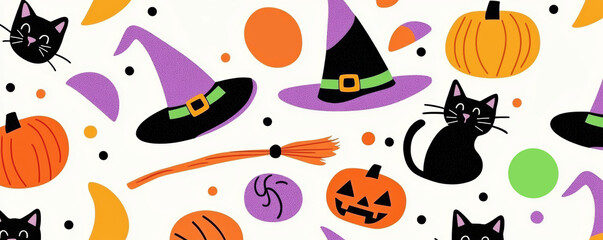 A cute and quirky Halloween pattern with cartoon-style witches' hats, broomsticks, and black cats, in a bright and cheerful color palette of purple, orange, and green.