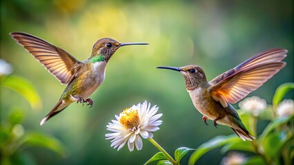 Obraz premium Hummingbirds in Flight near Flowering Plant