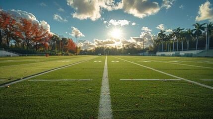 An American football field at a high school in sunny.
