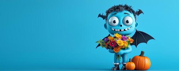 Naklejka premium A cute Frankenstein holding a bouquet of flowers, with a friendly bat perched on his shoulder and pumpkins at his feet.