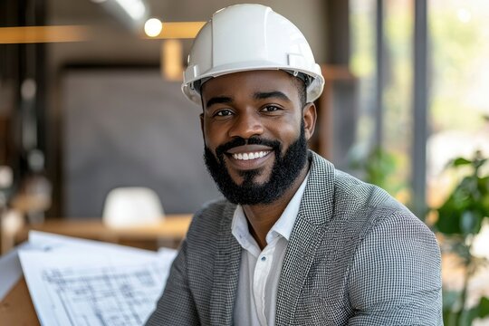 Smiling Black Architect in Hard Hat with Blueprint