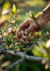 A farmers hand picks mature almonds from a tree branch in an orchard, highlighting natural agriculture and organic farming, showcasing the beauty of fresh produce harvesting