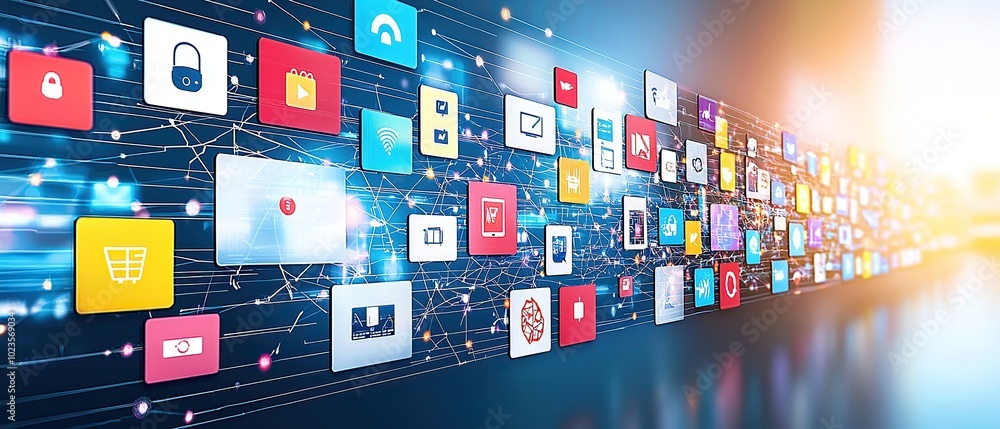 Poster a digital illustration of app icons connected by lines representing the interconnected nature of the