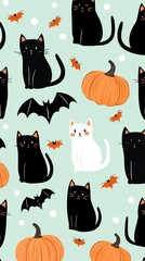 A cute Halloween mug with tiny black cats, pumpkins, and bats arranged in a repeating pattern on a pastel mint green background, perfect for a lighthearted touch.