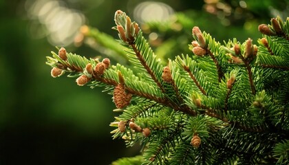 Fototapeta premium Close-up of fir tree with dried brown buds and vibrant green needles 