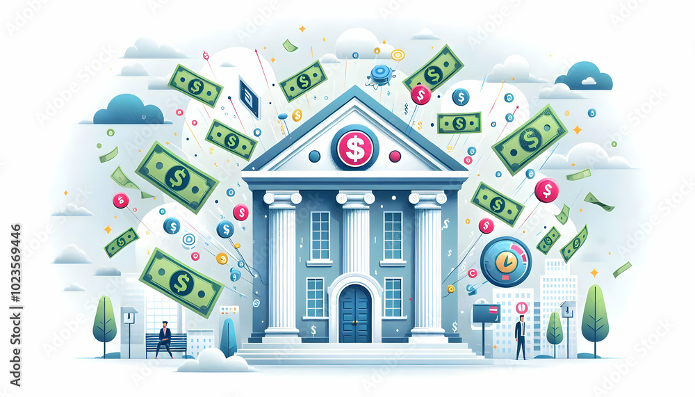 Poster flat levitating bank building with floating money concept - abstract vector design symbolizing finan