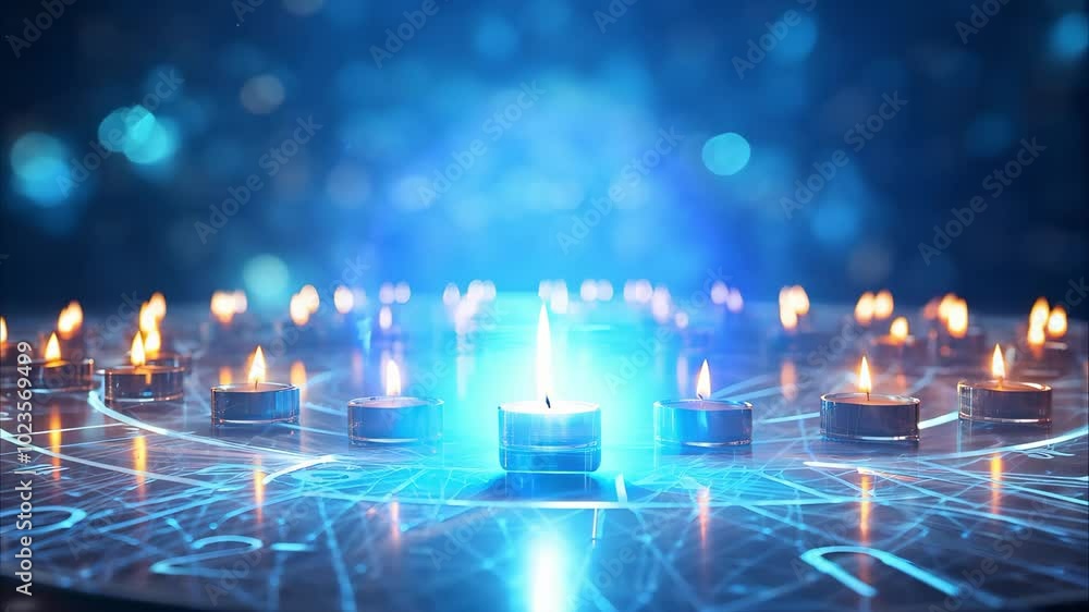Poster a circular arrangement of candles on a mystical surface, illuminated with blue light, creating an en