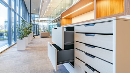 Open blue orange drawers of filing cabinets for storing data, archives and documents in an office setting..