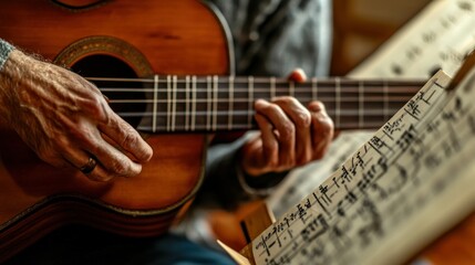 Close-up of a Person Playing an Acoustic Guitar with Sheet Music