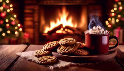Christmas cookies, and a cozy cup of hot cocoa, with a fireplace crackling in the background