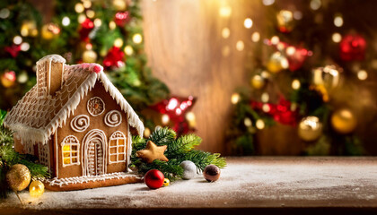 Christmas backdrop with festive decorations surrounding a gingerbread house for a charming touch.