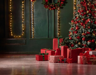 Christmas backdrop with festive decorations featuring a red and green theme, creating a classic holiday atmosphere.
