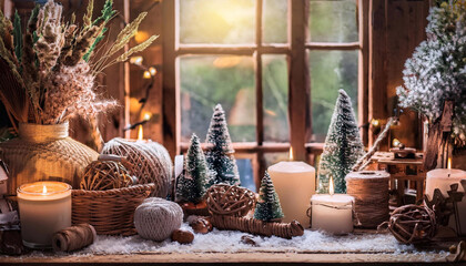 Rustic winter wonderland Christmas backdrop with cozy decorations and natural textures.