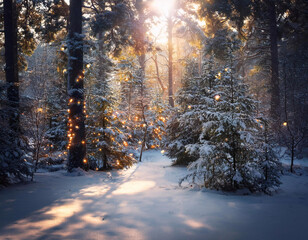 Snowy forest Christmas backdrop with festive decorations, capturing the magic of a winter wonderland.