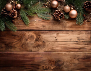 Rustic themed Christmas backdrop with festive decorations, including wooden accents and warm colors.
