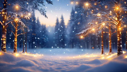 Sparkling fairy lights illuminating a winter wonderland backdrop for a festive Christmas atmosphere.