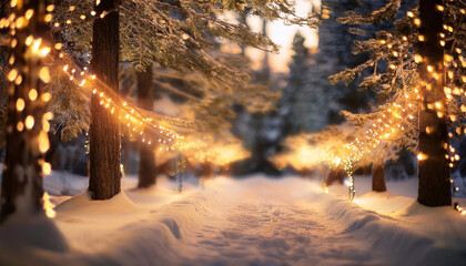 Sparkling fairy lights illuminating a winter wonderland backdrop for a festive Christmas atmosphere.