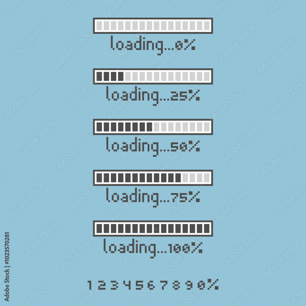 Fototapete collection set of retro game 8bit pixel art loading process progress counter bar computer battery, b