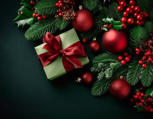 Christmas backdrop with festive decorations featuring a red and green theme, creating a classic holiday atmosphere.