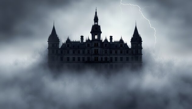 A gothic castle painted in dark hues, with jagged towers, swirling fog, and lightning striking in the distance, perfect for a spooky Halloween setting.