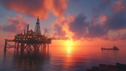 Obraz premium Offshore Oil Rig Silhouette at Sunset with a Small Vessel