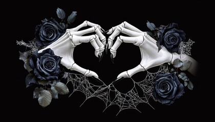 A gothic-inspired T-shirt featuring a pair of skeleton hands making a heart shape, with black roses and cobwebs surrounding the design on a dark shirt.
