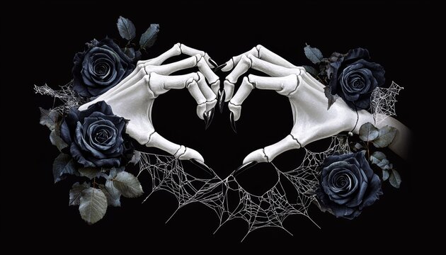 A gothic-inspired T-shirt featuring a pair of skeleton hands making a heart shape, with black roses and cobwebs surrounding the design on a dark shirt.