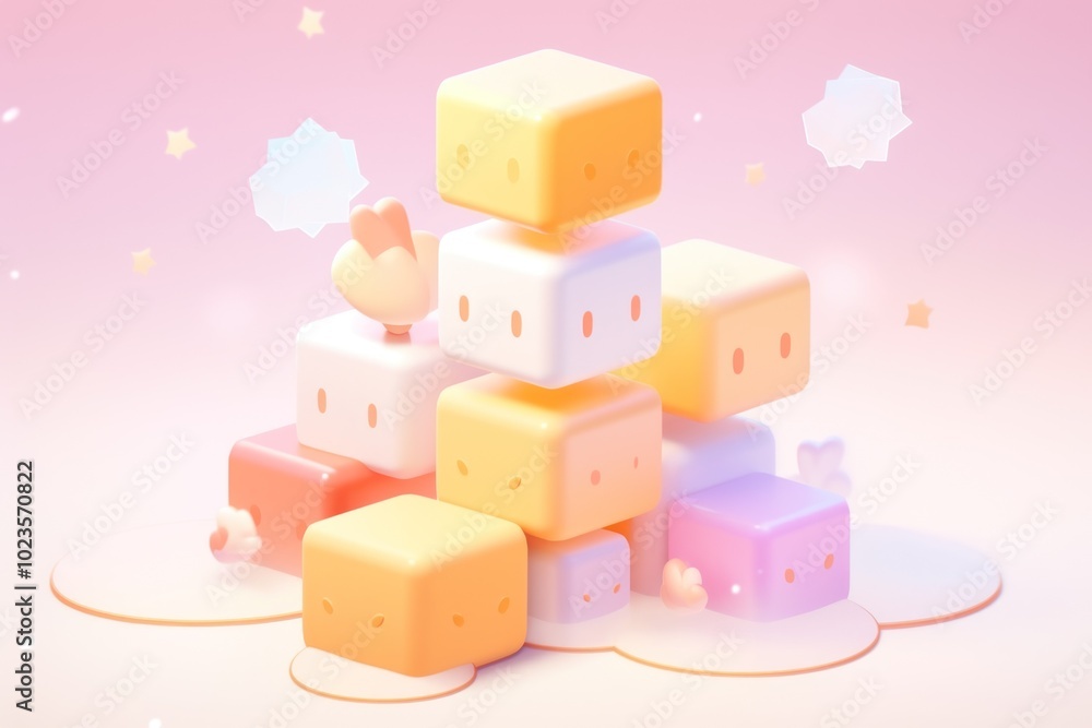 Poster stacked colorful cubes with cute faces and floating hearts and stars in pastel pink background