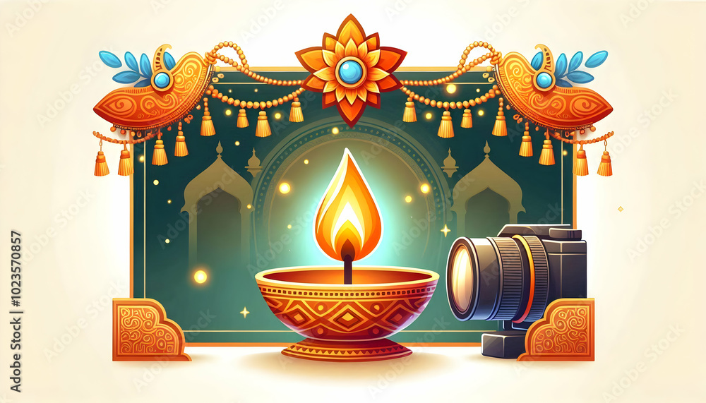 Aufkleber flat tika and diya frame with copy space - traditional and modern design with glowing elements for b