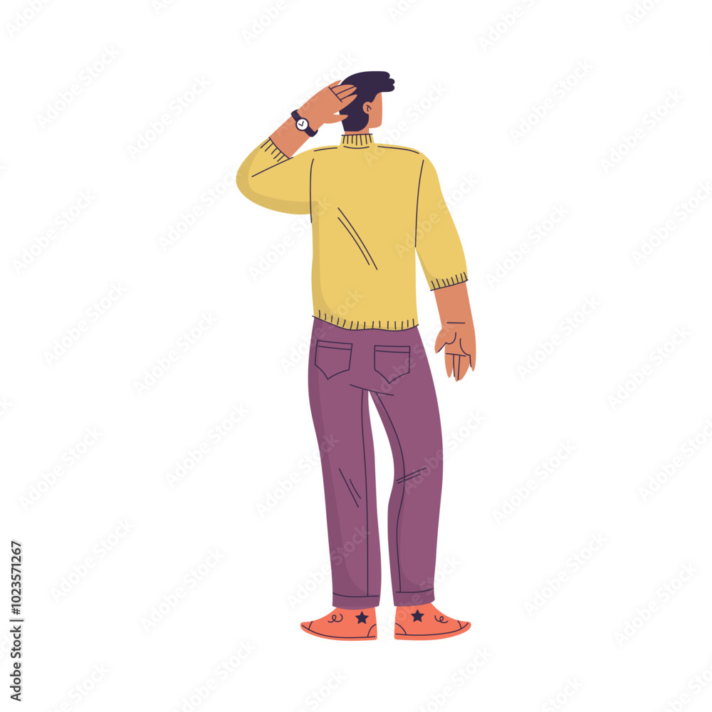 Poster man character standing from behind back view vector illustration