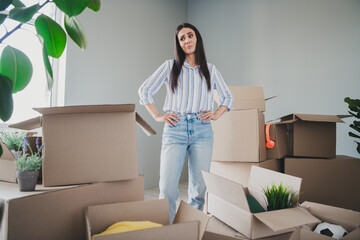 Photo of lovely young girl upset tired unsure dressed striped garment buy new remove spacious house...