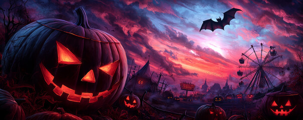 A Halloween carnival scene painted with vivid colors, featuring creepy clowns, haunted rides, and glowing jack-o'-lanterns under an eerie sky.
