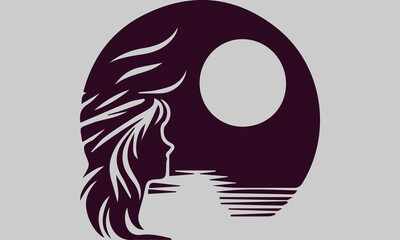 This vector illustration shows the silhouette of a woman on the beach, looking up at the full moon in awe. The soft moonlight shone on his face, creating a calm and peaceful atmosphere