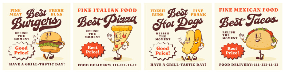 Groovy Street Food Retro Character Card Posters Set. Cartoon Burger, Pizza, Hot Dog and Taco Vector Mascot Templates. Happy Vintage Cool Fast Food Illustrations with Typography Isolated