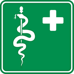 Green Sign Medical Point. Vector Icon. Emergency Aid Sign. Snake Symbol. Emergency Situation