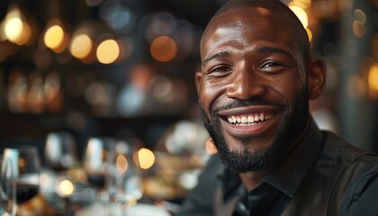 Obraz premium Cheerful waiter attends to friends dining together at a stylish restaurant setting