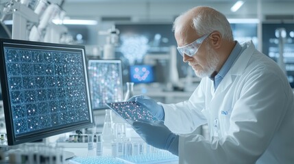 Middle shot of a scientist in a lab testing the efficiency of new [solar cells], surrounded by cutting-edge equipment and bright LED screens, 3D illustration