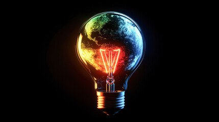 A light bulb with a globe that is lit up and has a rainbow of colors