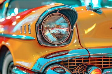 Close up of a shiny classic yellow car headlight with chrome accents