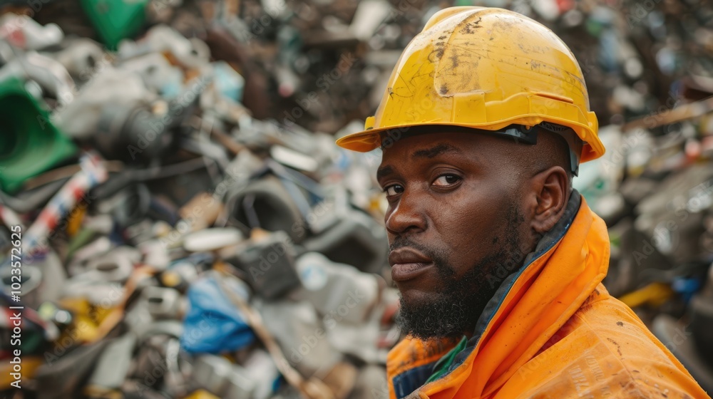 Wall mural portrait of a smiling worker in a hard hat at a scrapyard. industrial and recycling concept. close u