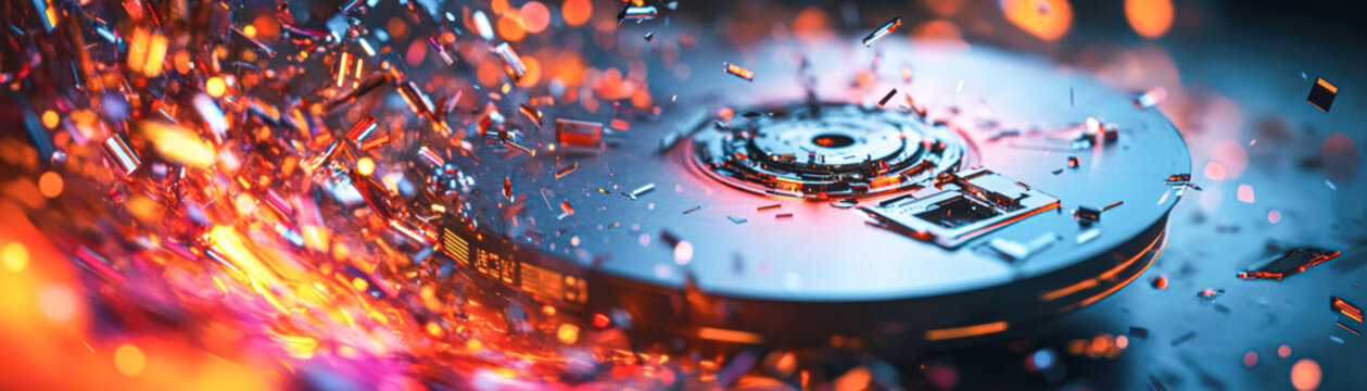 A computer hard drive is shown with a lot of debris surrounding it