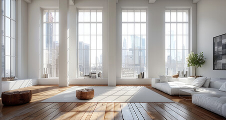 Fototapeta premium Modern apartment room, with big windows, minimal decor, white walls.