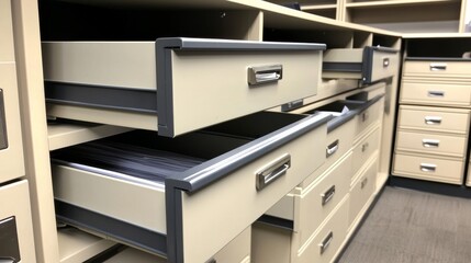 Open blue orange drawers of filing cabinets for storing data, archives and documents in an office setting..