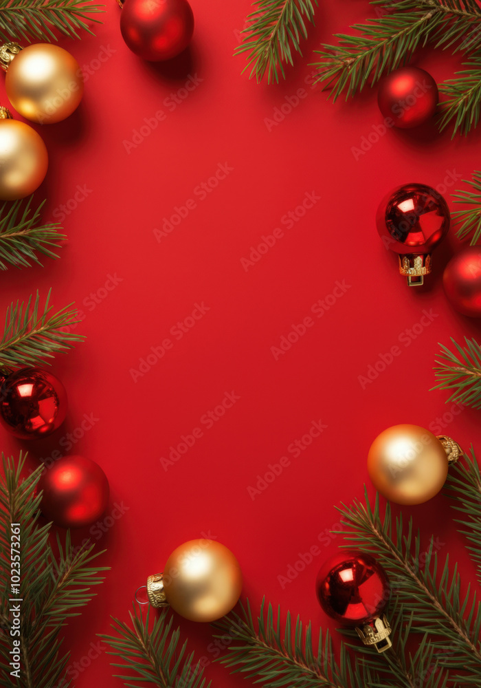Poster christmas border made with fir branches and ornaments on red background with copy space in the middl