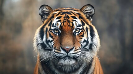 Fototapeta premium A close-up of a tiger's face, showcasing its striking features and intense gaze.