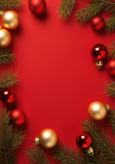 Christmas border made with fir branches and ornaments on red background with copy space in the middle