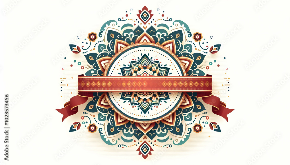 Poster elegant flat rangoli design with festive ribbon border frame - minimalistic template for celebration