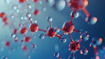 3D molecular structure with red and blue spheres. Scientific and chemical concept for backgrounds and educational design.