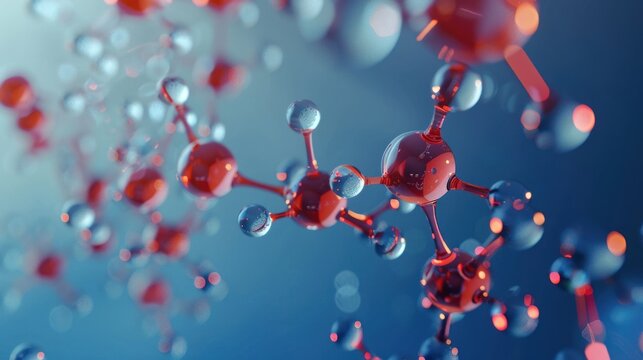3D molecular structure with red and blue spheres. Scientific and chemical concept for backgrounds and educational design.